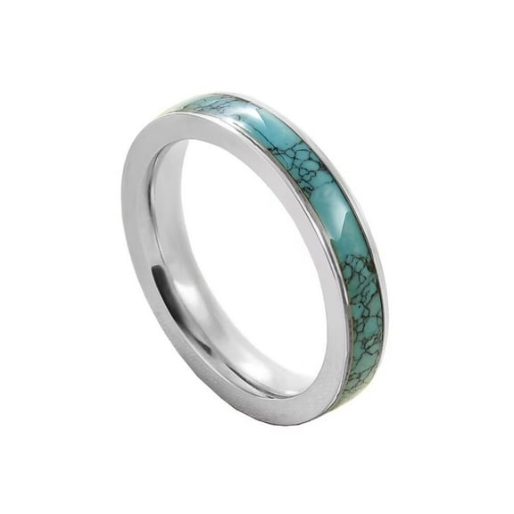 PAMTIER Unisex Stainless Steel 4mm Simple Creative Synthetic Turquoise Green Gemstone Inlay Stackable Ring Eternity Wedding Band Silver Size 5