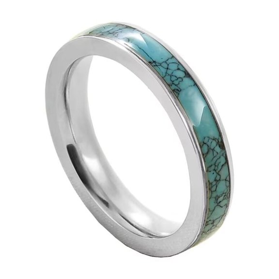 PAMTIER Unisex Stainless Steel 4mm Simple Creative Synthetic Turquoise Green Gemstone Inlay Stackable Ring Eternity Wedding Band Silver Size 6