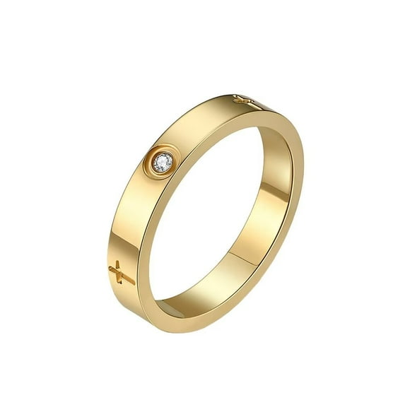 PAMTIER Unisex Stainless Steel 4mm Simple Elegant Thin Stackable Round Crystal Inlay Cross Signet Ring Couple Wedding Band Gold Size 7