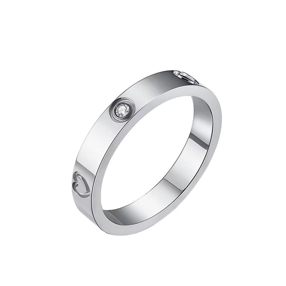PAMTIER Unisex Stainless Steel 4mm Simple Elegant Thin Stackable Round Crystal Inlay Heart Signet Ring Couple Wedding Band Silver Size 5