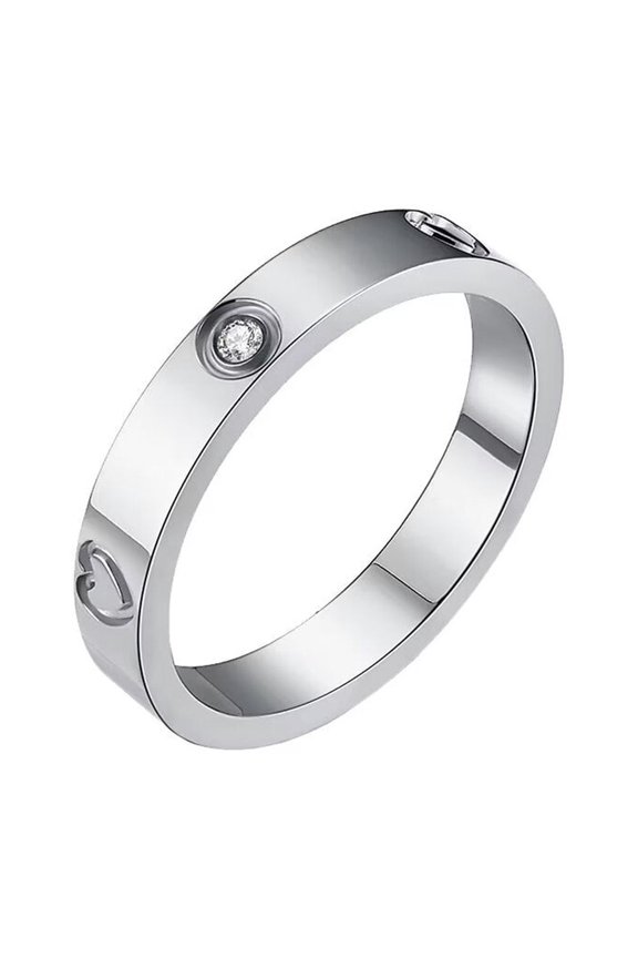 Unisex Stainless Steel 4mm Simple Elegant Thin Stackable Round Crystal Inlay Heart Signet Ring Couple Wedding Band Silver Size 6