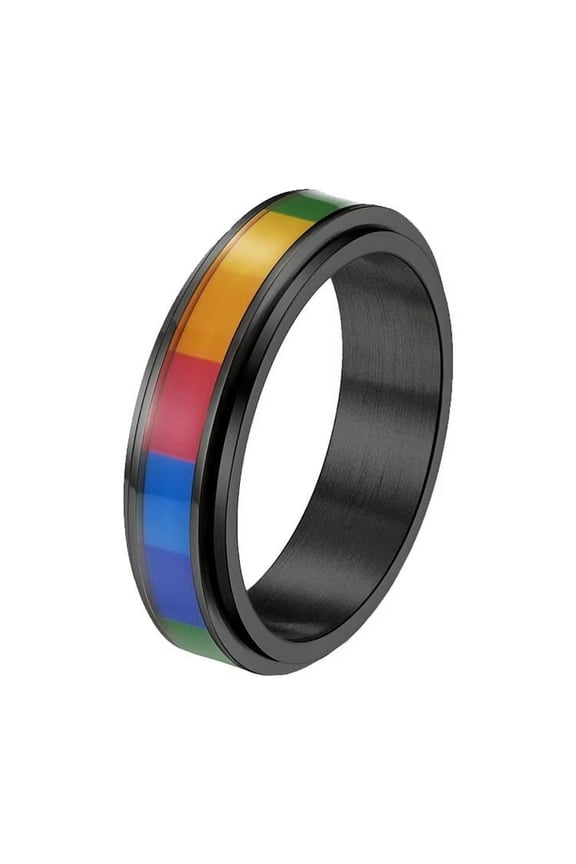 Unisex Stainless Steel 6MM Rainbow Flag Stripe LGBT Gay Lesbians Pride Rotatable Lucky Ring Friendship Anxiety Fidget Band Black Size 10
