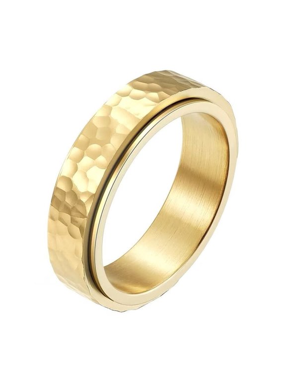 Unisex Stainless Steel 6MM Simple Creative Moon Crater Beehive Irregular Pattern Rotatable Fidget Ring Relieve Anxiety Band Gold Size 9