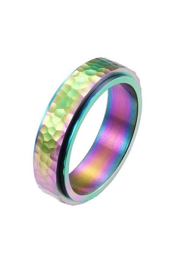 Unisex Stainless Steel 6MM Simple Creative Moon Crater Beehive Irregular Pattern Rotatable Fidget Ring Relieve Anxiety Band Rainbow Size 7
