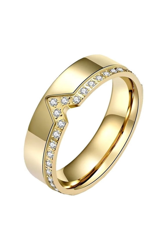 Unisex Stainless Steel 6mm Simple Classic V-Shaped Chevron Single Row Drills Zirconia Inlay Signet Ring Promise Wedding Band Gold Size 5