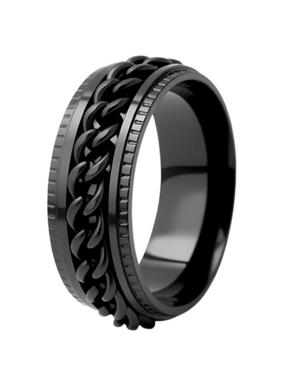 Unisex Stainless Steel 8mm Gear Edge Chain Link Spinner Rings Bold Durable Rotating Wedding Engagement Band Hip Hop Punk Statement Jewelry Gift Black Size 5