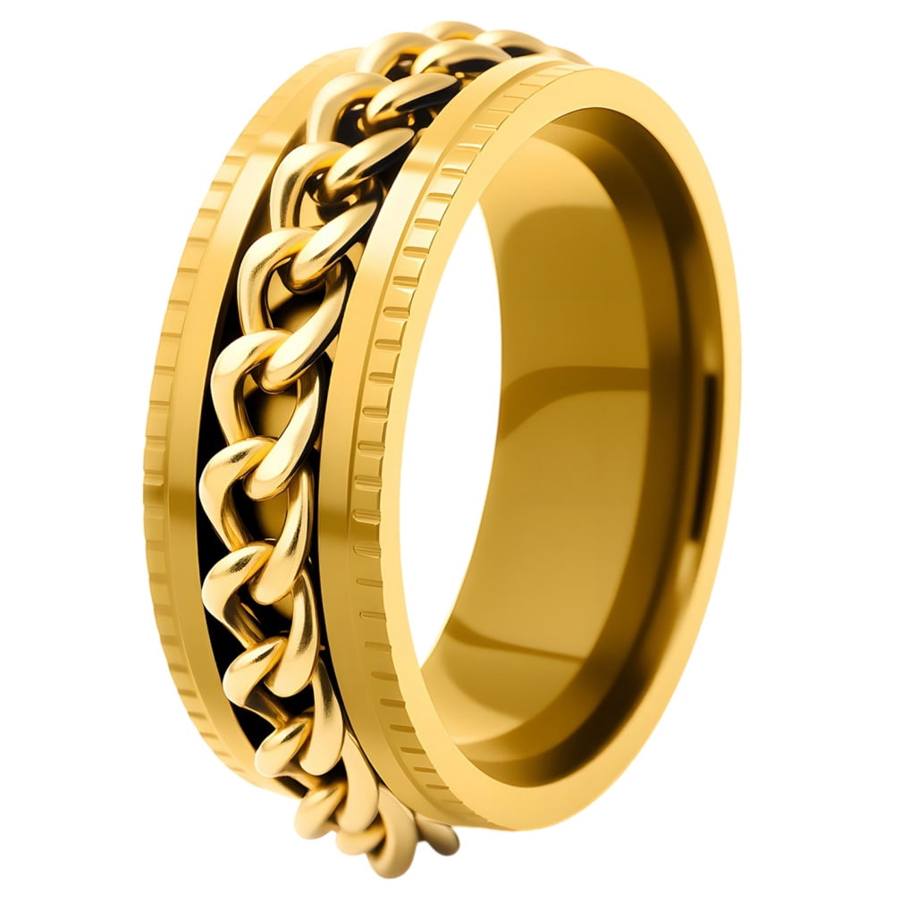 8mm Gold Edging PAMTIER Unisex Stainless Steel 8mm Gear Edge Chain Link Spinner Rings ...