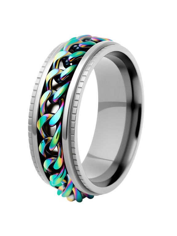 Unisex Stainless Steel 8mm Gear Edge Chain Spinner Rings Bold Durable Rotating Wedding Engagement Band Hip Hop Punk Statement Jewelry Gift Style 5 Size 12