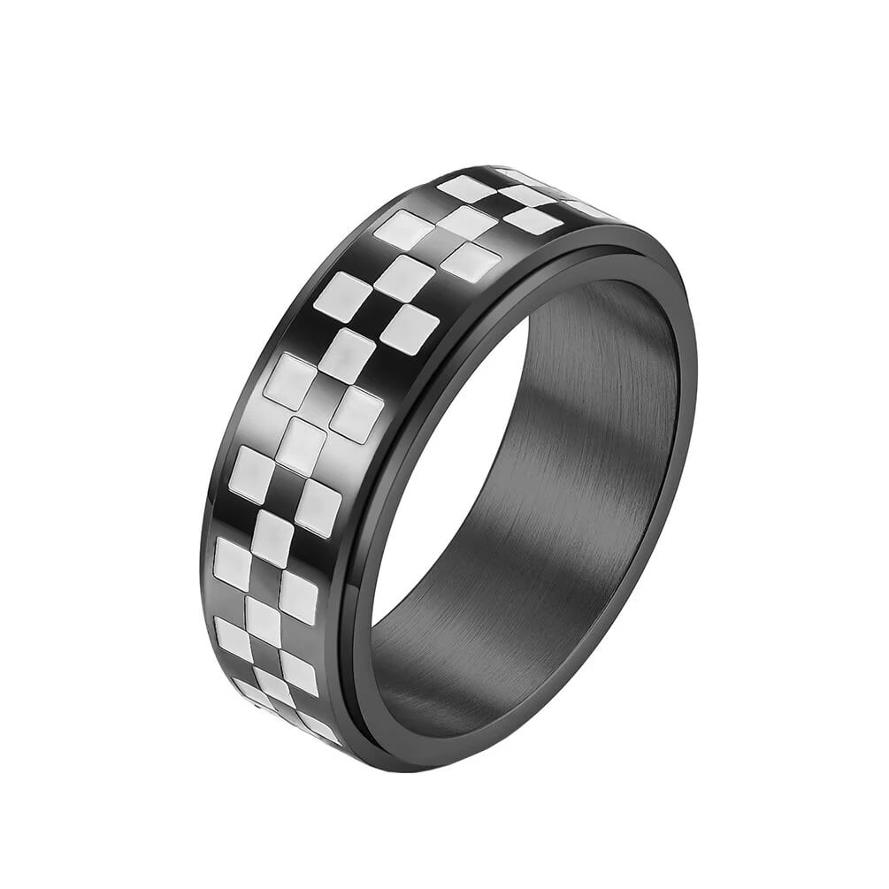 PAMTIER Black & White Checkerboard Titanium Steel Signet Ring - 8mm Unisex Statement Ring - View #2