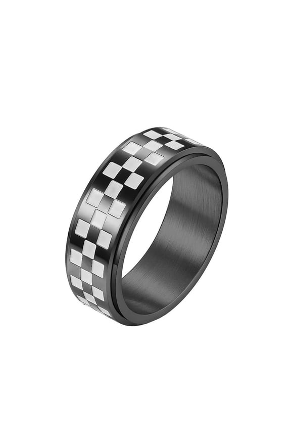 Unisex Stainless Steel 8mm Simple Irregular Black and White Checkerboard Pattern Rotatable Signet Ring Anxiety Matching Set Black Size 9