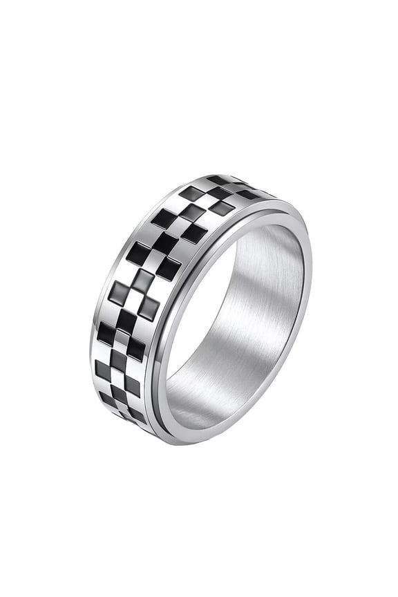 Unisex Stainless Steel 8mm Simple Irregular Black and White Checkerboard Pattern Rotatable Signet Ring Anxiety Matching Set Silver Size 12