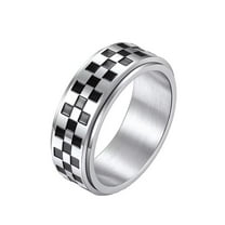 PAMTIER Unisex Stainless Steel 8mm Simple Irregular Black and White Checkerboard Pattern Rotatable Signet Ring Anxiety Matching Set Silver Size 9