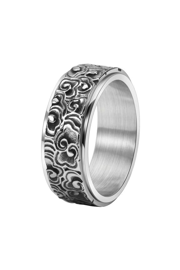 Unisex Stainless Steel 8mm Unique Vintage Auspicious Clouds Flower Pattern Carved Rotatable Signet Ring Anxiety Band Silver Size 8