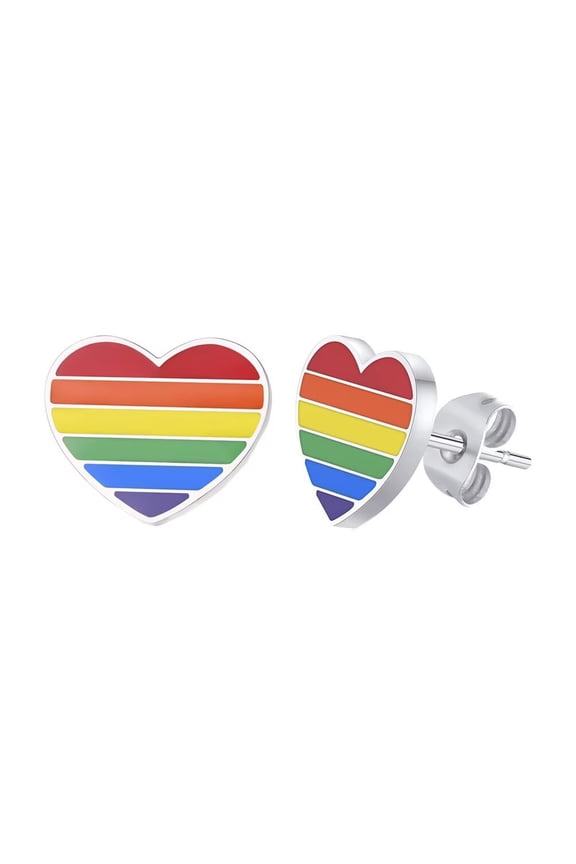 Unisex Stainless Steel Classic Colourful Enamel Heart Stud Earrings Silver Large