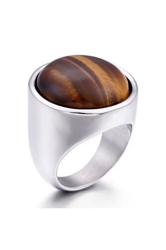 Unisex Stainless Steel Classic Domen Solid Simple Single Shiny Round Brown Gemstone Ring Princess Cut Smooth Wedding Band Silver Size 6