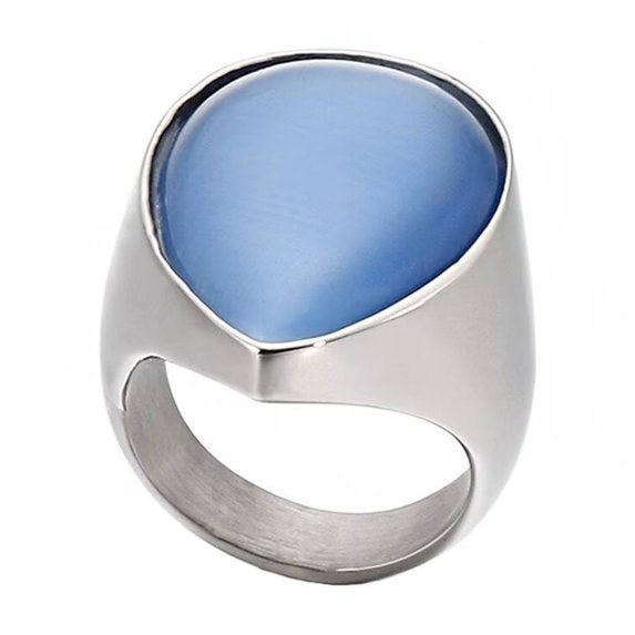 PAMTIER Unisex Stainless Steel Classic Domen Water Droplets Shape Crystal Light Blue Gemstone Ring Princess Cut Statement Wedding Band Silver Size 7