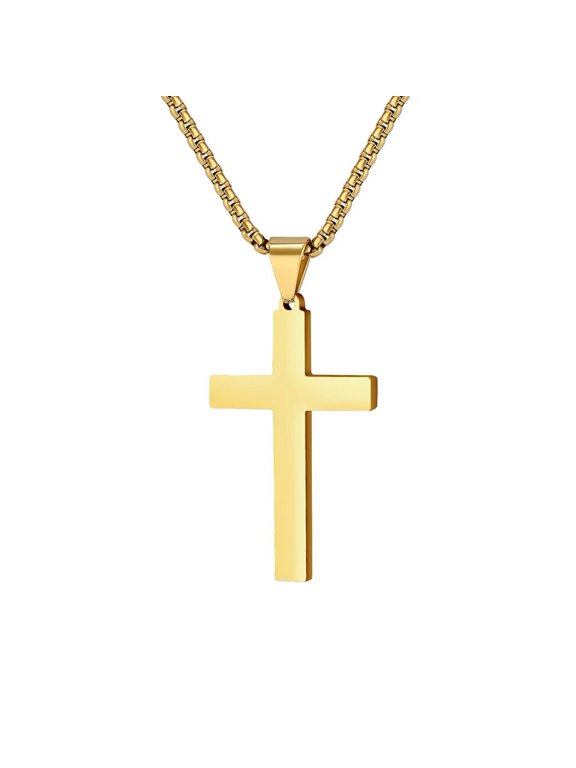 Unisex Stainless Steel Classic Simple Glossy Plain Cross Biker Crucifix Amulet Couple Necklace Gold No Chain