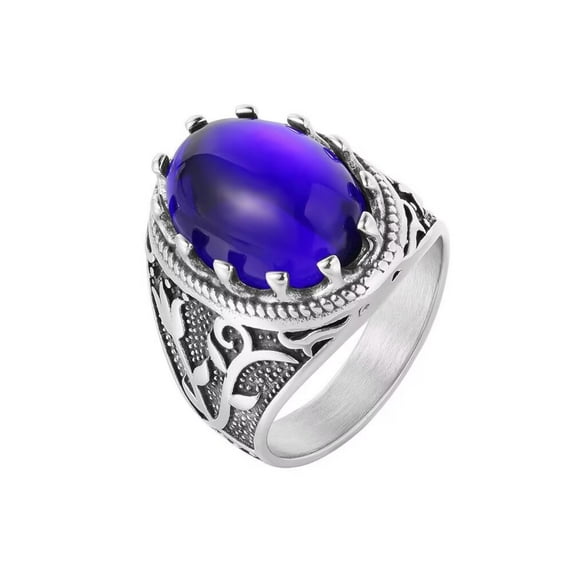 PAMTIER Unisex Stainless Steel Classic Vintage Royal Oval Cut Blue Gemstone Special Flower Pattern Signet Ring Statement Wedding Band Silver Size 7