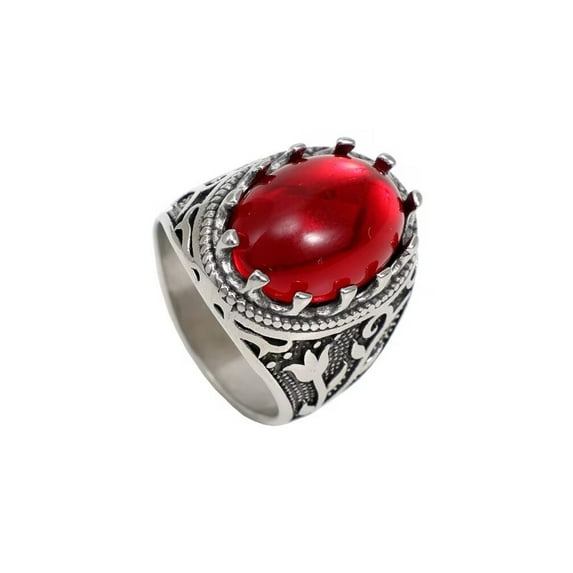 PAMTIER Unisex Stainless Steel Classic Vintage Royal Oval Cut Red Gemstone Special Flower Pattern Signet Ring Statement Wedding Band Silver Size 8