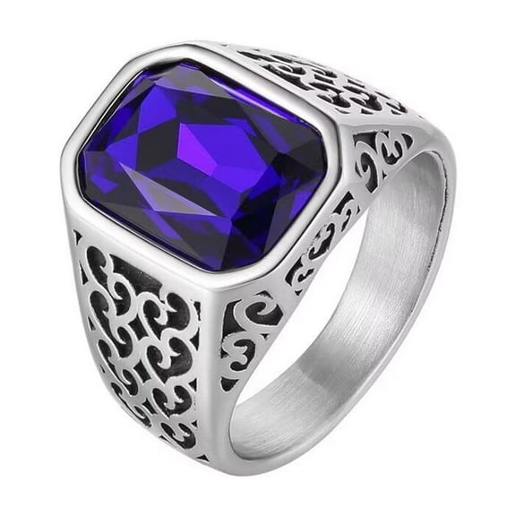 PAMTIER Unisex Stainless Steel Classic Vintage Square Cut Blue Gemstone Crystal Hollow Special Flower Patter Signet Ring Couple Wedding Band Size 7