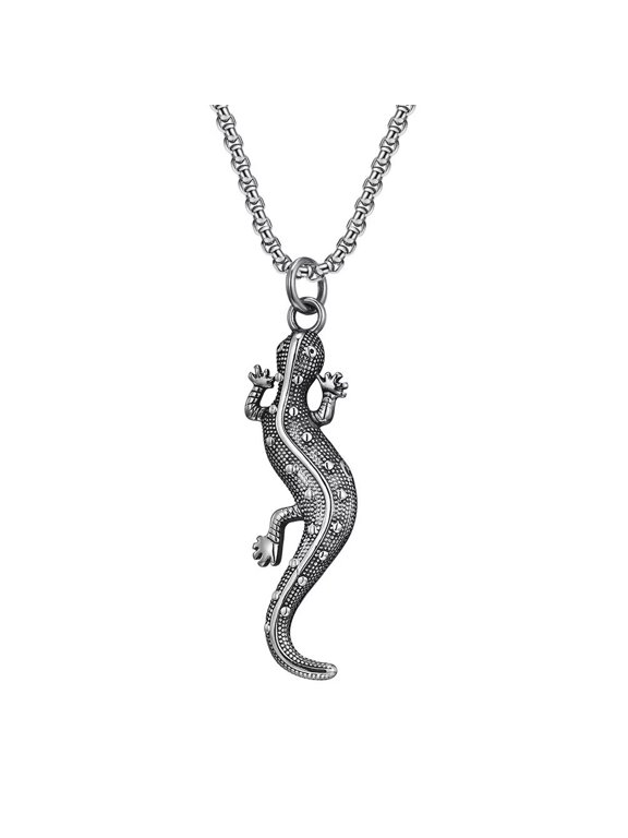 Unisex Stainless Steel Cool Gothic Punk Creative Simulation Stereoscopic Three Feet Geckos Pendant Necklace Cute Insects Free Chain