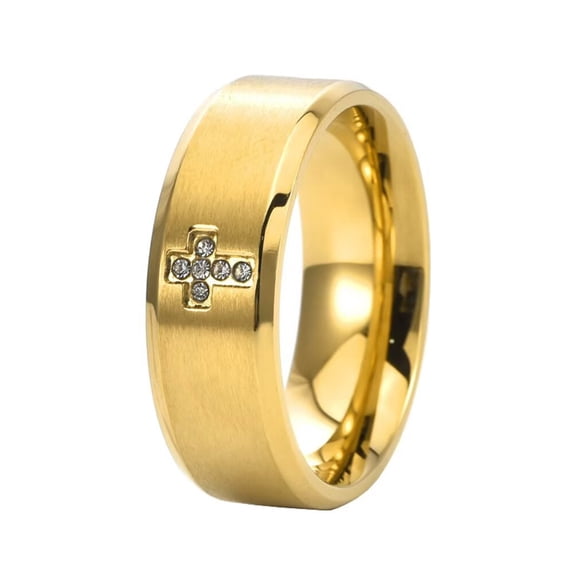 PAMTIER Unisex Stainless Steel Cool Hip Hop 8MM Matte Brushed Crystal Inlay Cross Biker Amulet Crucifix Ring Beveled Edges Gold Size 8