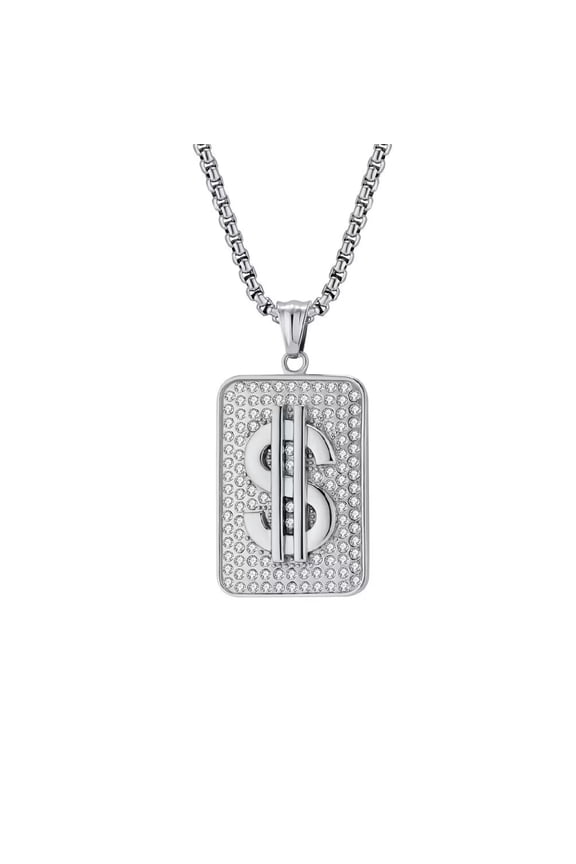 Unisex Stainless Steel Cool Hip Hop Square Cut Crystal Micro-Pave Iced Out Zircon Inlay Money Dollar Sign Pendant Necklace Silver Free Chain