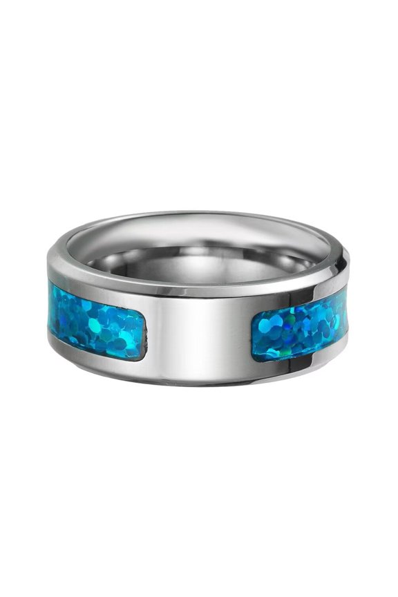 Unisex Stainless Steel Creative Hip Hop Half a Circle Blue Imitation Opal Inlay Ring Comfort Fit Beveled Edges Size 7