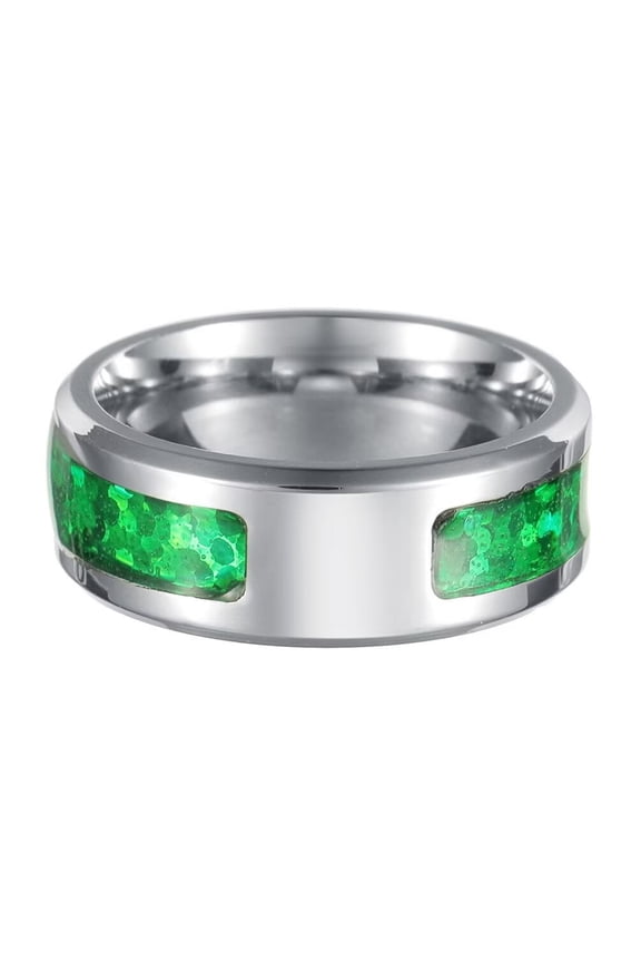 Unisex Stainless Steel Creative Hip Hop Half a Circle Green Imitation Opal Inlay Ring Comfort Fit Beveled Edges Size 6
