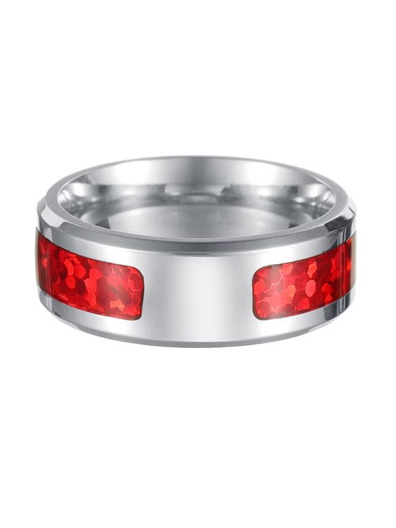 Unisex Stainless Steel Creative Hip Hop Half a Circle Red Imitation Opal Inlay Ring Comfort Fit Beveled Edges Size 10