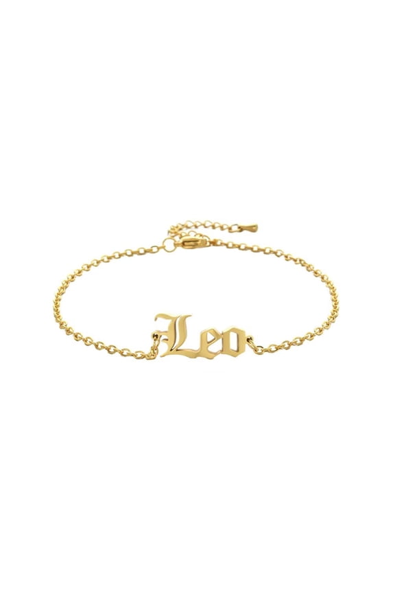 Unisex Stainless Steel Dainty Elegant 12 Constellations Zodiac Sign Amulet Lucky Bracelet in English Letter Adjustable Chain Gold Leo