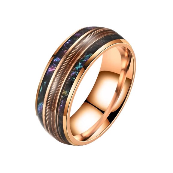 PAMTIER Unisex Stainless Steel Dainty Elegant 2 Lines Rainbow Abalone Shell Inlay String Zipper Pattern Center Ring Size 9
