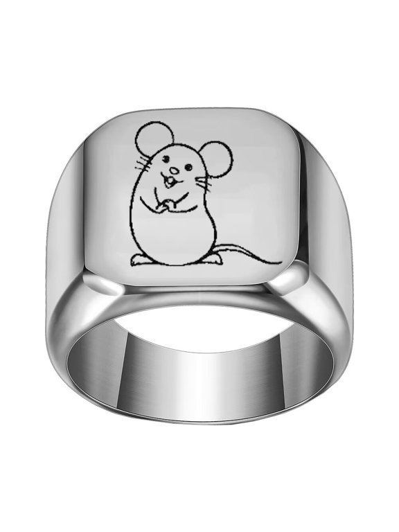 Unisex Stainless Steel Dome Solid 12 Chinese Zodiac Lucky Signet Ring Symbolic Animal Statement Horoscopes Jewelry Silver Rat Size 12