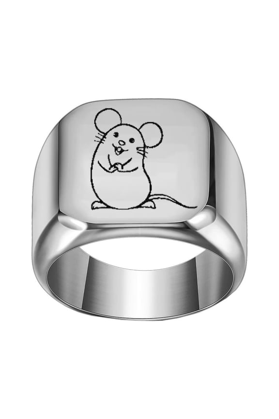 Unisex Stainless Steel Dome Solid 12 Chinese Zodiac Lucky Signet Ring Symbolic Animal Statement Horoscopes Jewelry Silver Rat Size 9