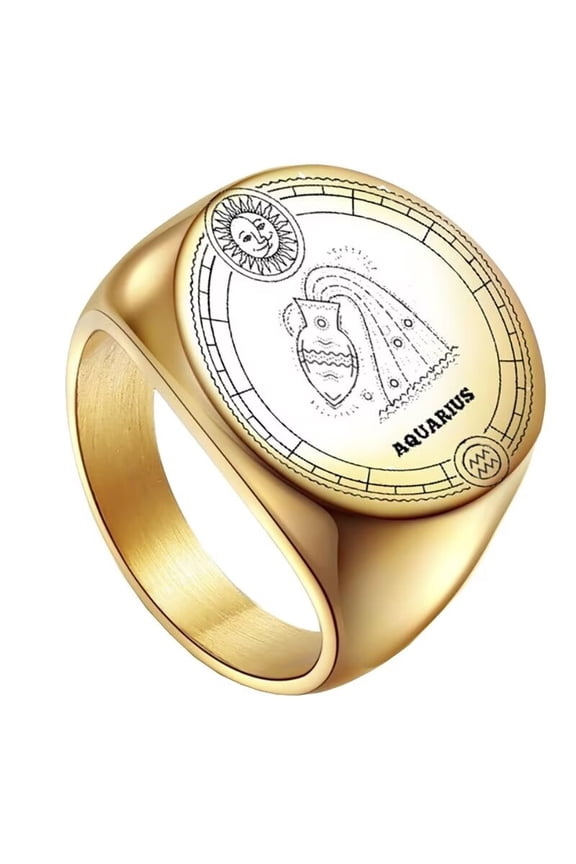 Unisex Stainless Steel Dome Solid Plain 12 Constellation Horoscope Zodiac Signet Ring Statement Astrology Jewelry Gold Aquarius Size 7