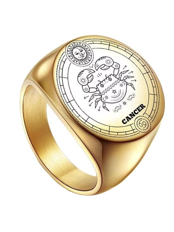 Unisex Stainless Steel Dome Solid Plain 12 Constellation Horoscope Zodiac Signet Ring Statement Astrology Jewelry Gold Cancer Size 9