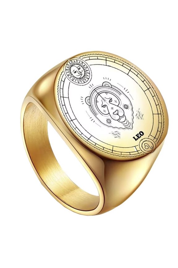Unisex Stainless Steel Dome Solid Plain 12 Constellation Horoscope Zodiac Signet Ring Statement Astrology Jewelry Gold Leo Size 7