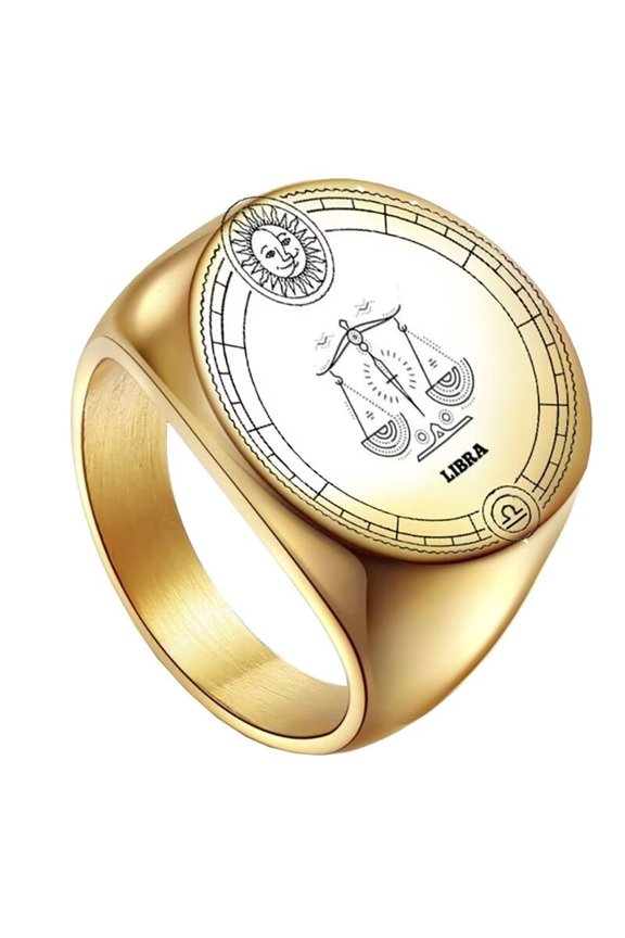 Unisex Stainless Steel Dome Solid Plain 12 Constellation Horoscope Zodiac Signet Ring Statement Astrology Jewelry Gold Libra Size 12