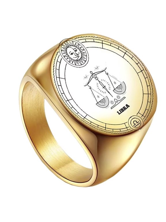 Unisex Stainless Steel Dome Solid Plain 12 Constellation Horoscope Zodiac Signet Ring Statement Astrology Jewelry Gold Libra Size 12
