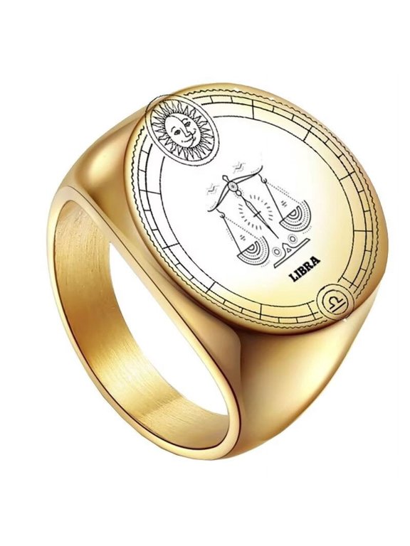 Unisex Stainless Steel Dome Solid Plain 12 Constellation Horoscope Zodiac Signet Ring Statement Astrology Jewelry Gold Libra Size 9