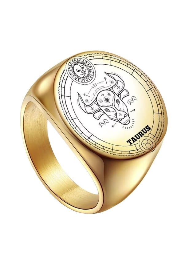 Unisex Stainless Steel Dome Solid Plain 12 Constellation Horoscope Zodiac Signet Ring Statement Astrology Jewelry Gold Taurus Size 10