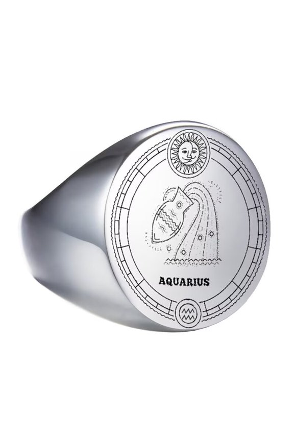 Unisex Stainless Steel Dome Solid Plain 12 Constellation Horoscope Zodiac Signet Ring Statement Astrology Jewelry Silver Aquarius Size 10