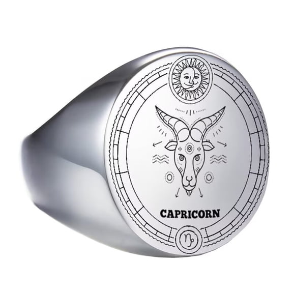 PAMTIER Unisex Stainless Steel Dome Solid Plain 12 Constellation Horoscope Zodiac Signet Ring Statement Astrology Jewelry Silver Capricorn Size 10