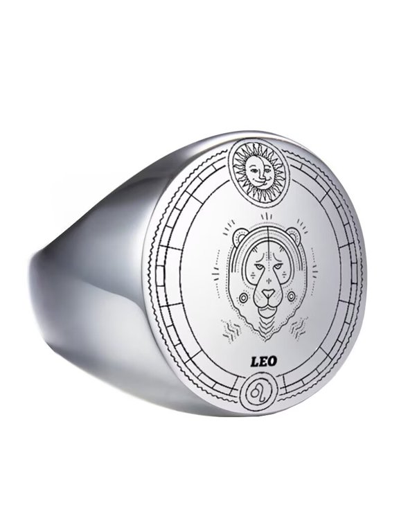 Unisex Stainless Steel Dome Solid Plain 12 Constellation Horoscope Zodiac Signet Ring Statement Astrology Jewelry Silver Leo Size 8