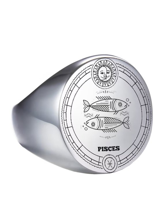 Unisex Stainless Steel Dome Solid Plain 12 Constellation Horoscope Zodiac Signet Ring Statement Astrology Jewelry Silver Pisces Size 12