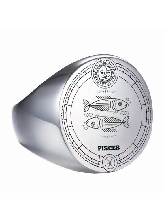 Unisex Stainless Steel Dome Solid Plain 12 Constellation Horoscope Zodiac Signet Ring Statement Astrology Jewelry Silver Pisces Size 8