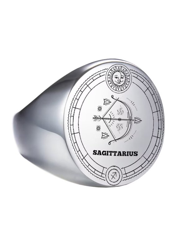 Unisex Stainless Steel Dome Solid Plain 12 Constellation Horoscope Zodiac Signet Ring Statement Astrology Jewelry Silver Sagittarius Size 8