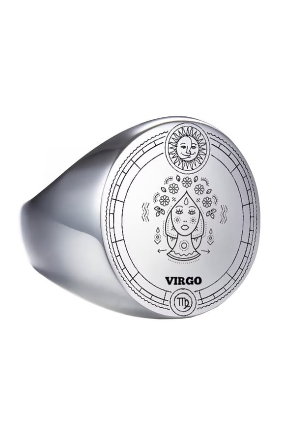 Unisex Stainless Steel Dome Solid Plain 12 Constellation Horoscope Zodiac Signet Ring Statement Astrology Jewelry Silver Virgo Size 12