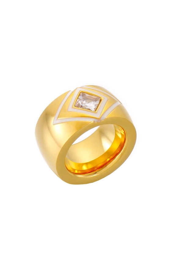Unisex Stainless Steel Domen Smooth Simple 14mm Hyperbole Square White Zirconia Inlay Biker Ring Statement Wedding Band Gold Size 6