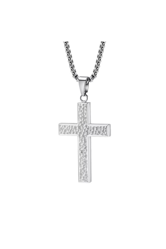 Unisex Stainless Steel Domineering Punk Irregular Hand Hammer Pattern Cross Pendant Amulet Crucifix Necklace Simple Jewelry Silver Free Chain